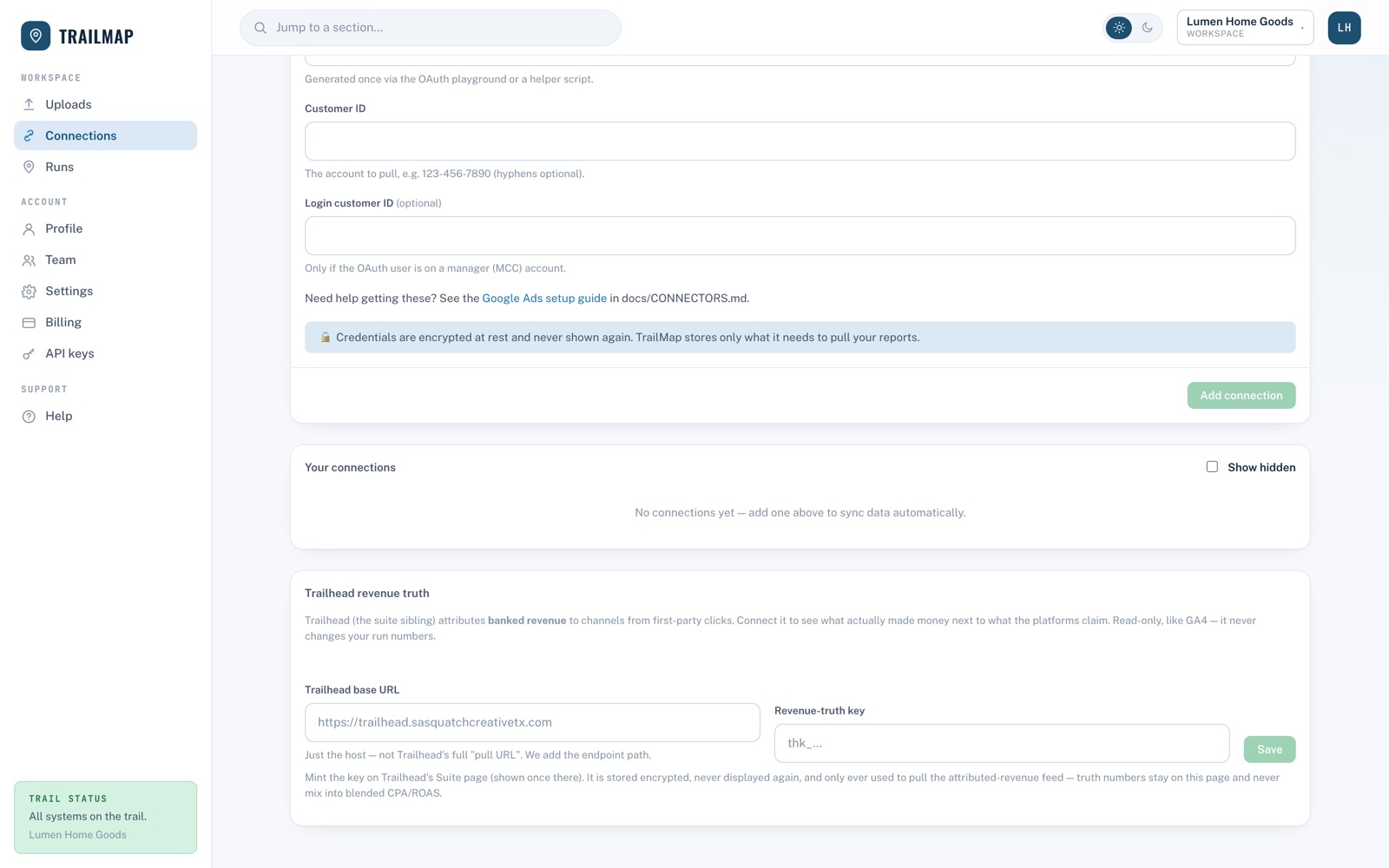 Connections screen: adding a platform connector, with Google Ads, Meta, OpenAI Ads, LinkedIn, TikTok and Microsoft Advertising all syncing into the same canonical schema.